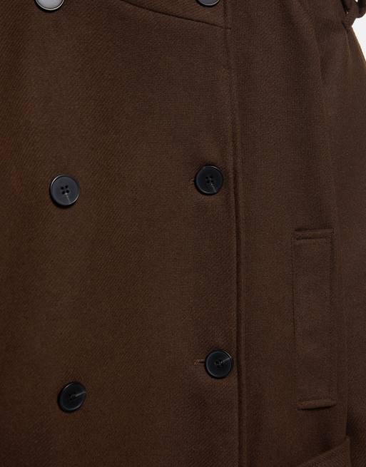 Pull&Bear Short felt belted trench coat in chocolate with wool, 6 of 7
