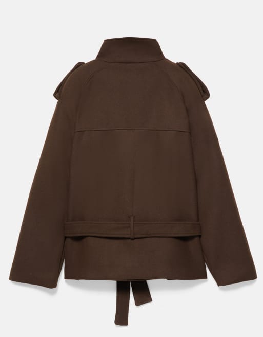 Pull&Bear Short felt belted trench coat in chocolate with wool, 7 of 7