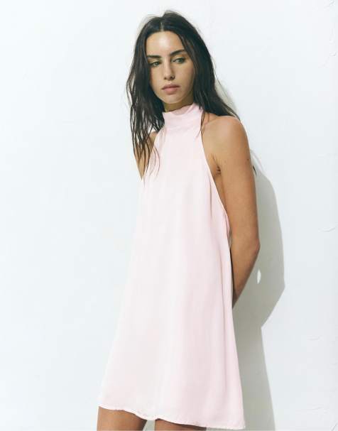 Pull&Bear Short halter satin dress in rose pink - view 1