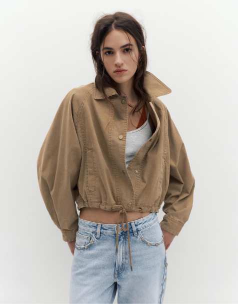 Pull&Bear Short jacket with drawstring hem in brown - view 1