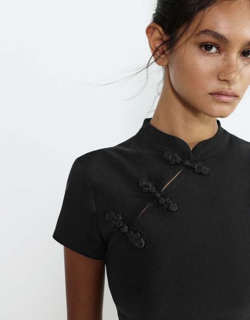 Pull&Bear Short knotted button dress in black, 3 of 4