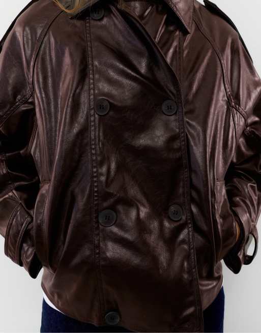 Pull&Bear Short leather-effect trench coat in chocolate, 5 of 7