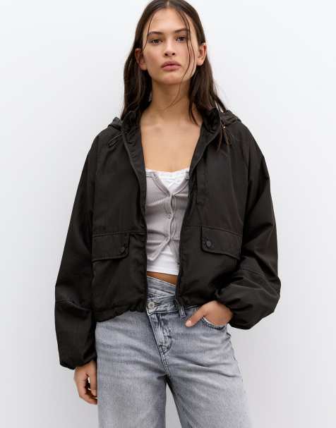 Pull&Bear Short lightweight jacket with hood in black - view 1