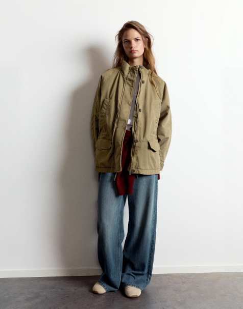 Pull&Bear short parka with a funnel neck in dark khaki - view 1
