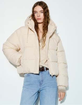 Pull & Bear Short Puffer Jacket With Hood In Neutral