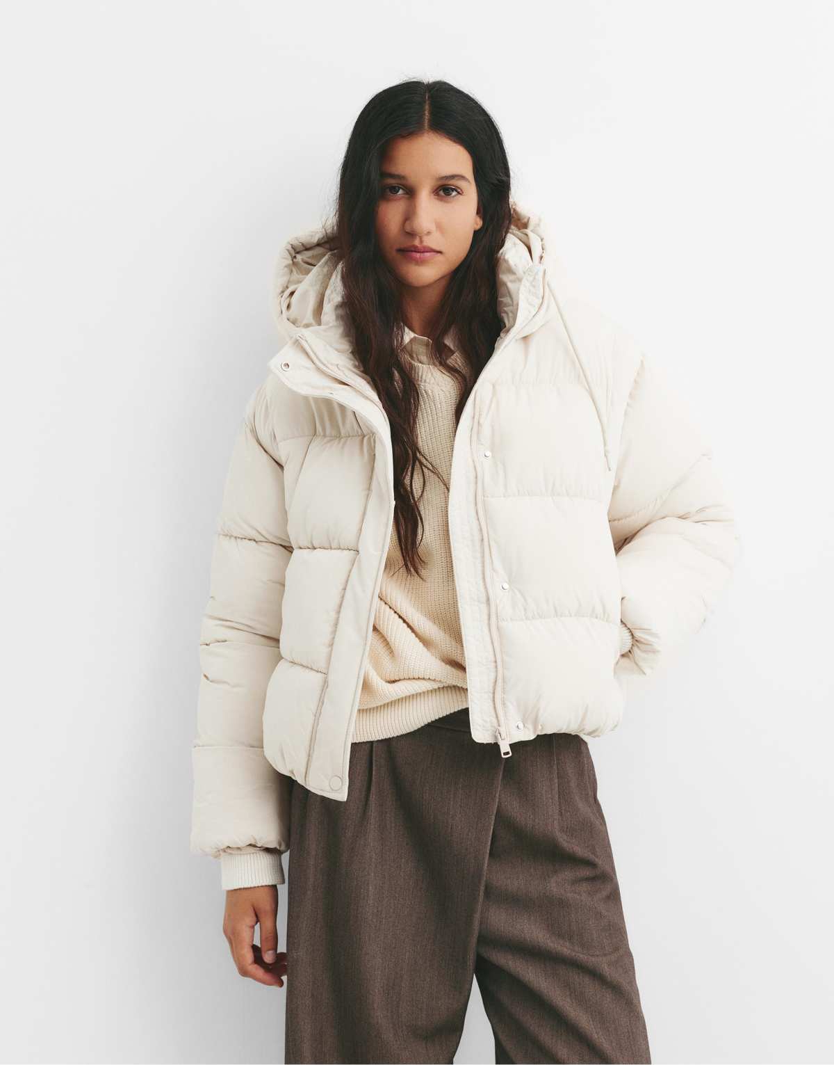 Pull&Bear Short puffer jacket with hood in beige
