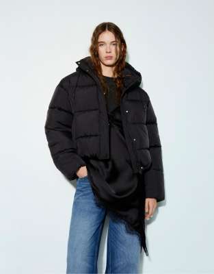 Pull & Bear Short Puffer Jacket With Hood In Black