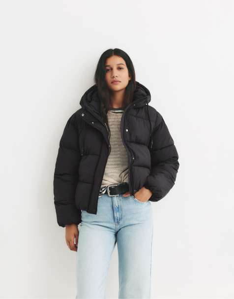 Pull&Bear Short puffer jacket with hood in black - view 1