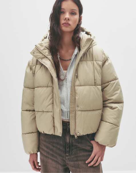 Pull&Bear Short puffer jacket with hood in pale green - view 1
