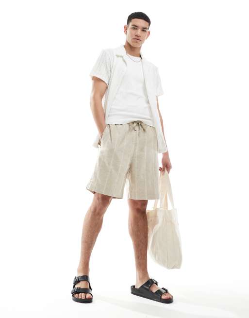Pull&Bear - Short rayé en lin mélangé - Sable