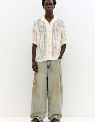 Pull&Bear short sleeve crochet shirt in off white - view 1