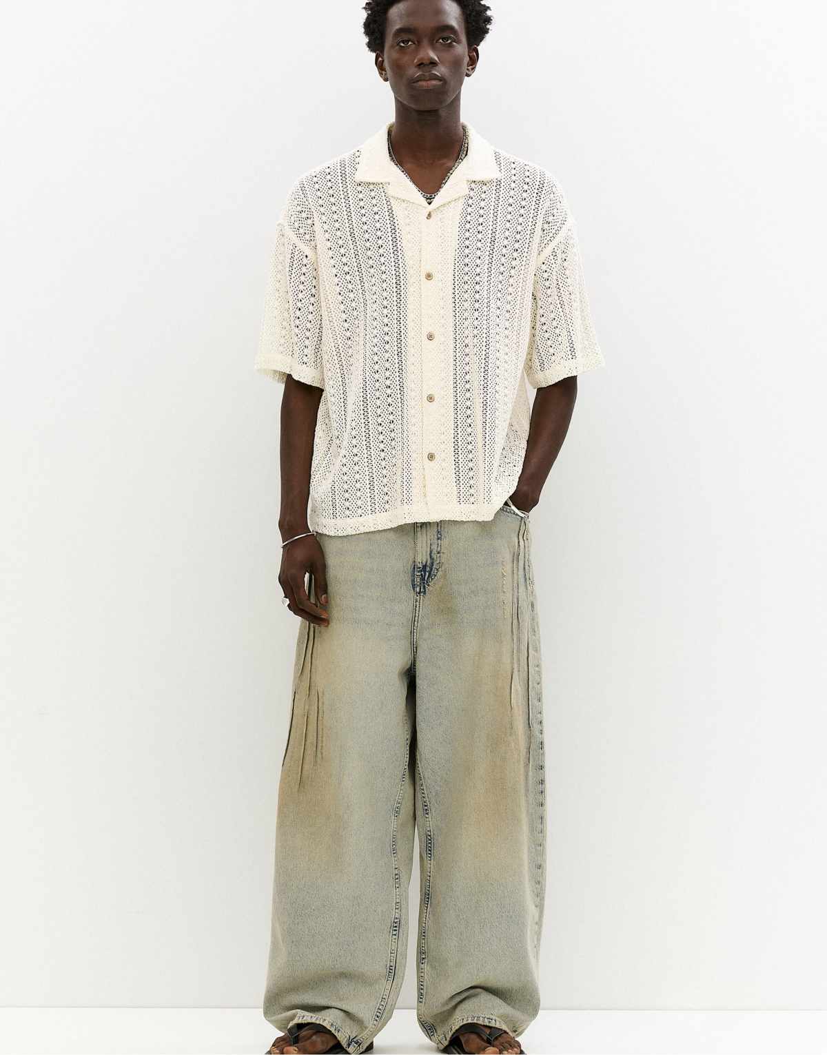 Pull&Bear short sleeve crochet shirt in off white