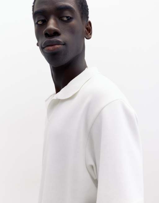 Pull&Bear Short sleeve interlock polo shirt in off white, 3 of 7