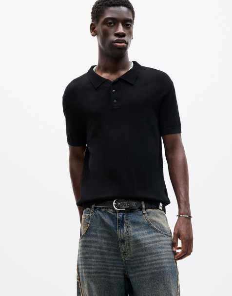 Pull&Bear short sleeve knit polo shirt in black - view 1