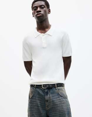 Pull&Bear short sleeve knit polo shirt in off white - view 1