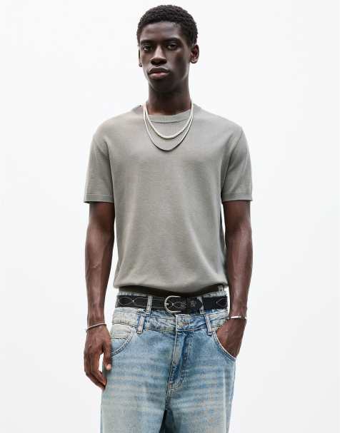 Pull&Bear short sleeve knit t-shirt in bluish green - view 1