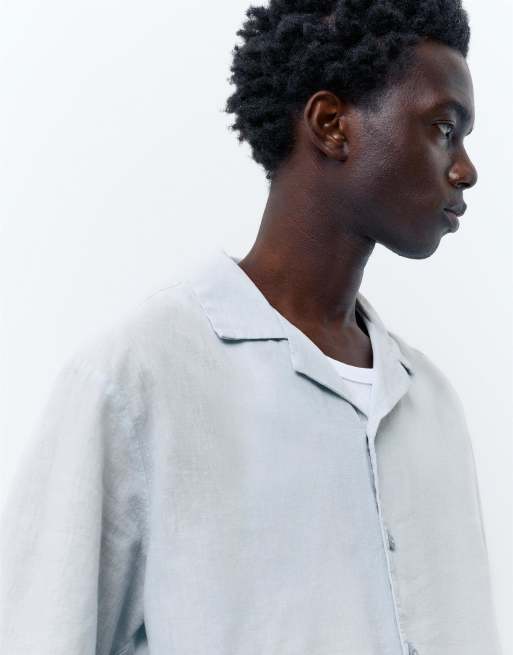 Pull&Bear Short sleeve linen blend shirt in pale blue, 3 of 4
