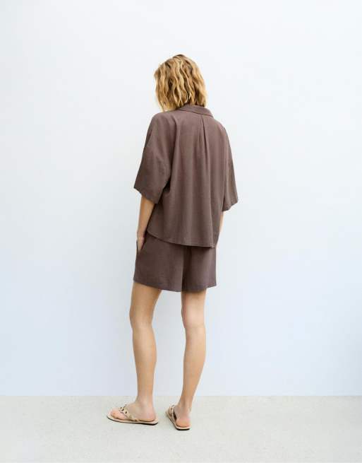 Pull&Bear Short sleeve linen blend shirt in pale brown, 4 of 4