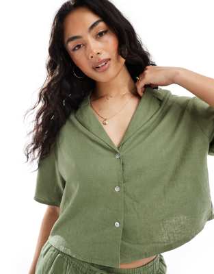 Pull & Bear short sleeve linen shirt co-ord in khaki-Green