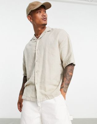 Pull&Bear short sleeve linen shirt in khaki