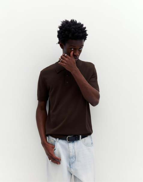 Pull&Bear Short sleeve polo shirt in chocolate