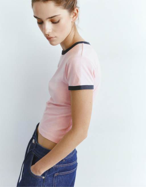 Pull&Bear Short sleeve ribbed t-shirt in pink, 2 of 4