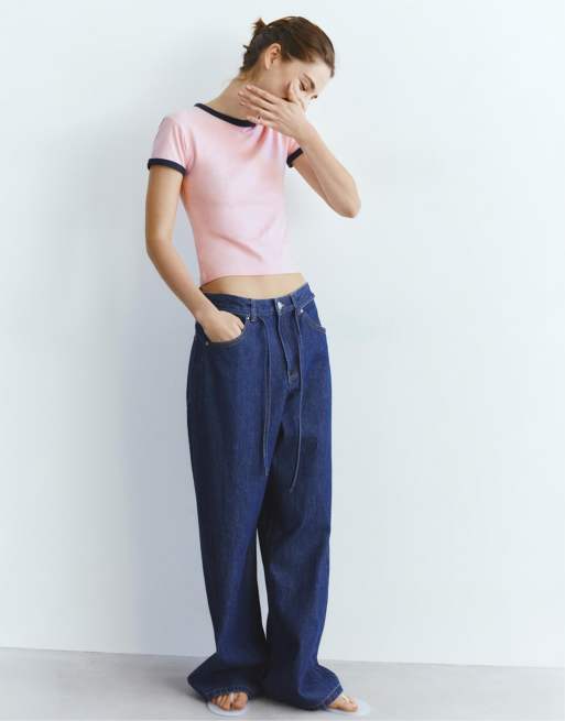 Pull&Bear Short sleeve ribbed t-shirt in pink, 3 of 4