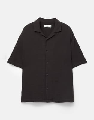 Pull&Bear short sleeve rustic shirt in black - view 1
