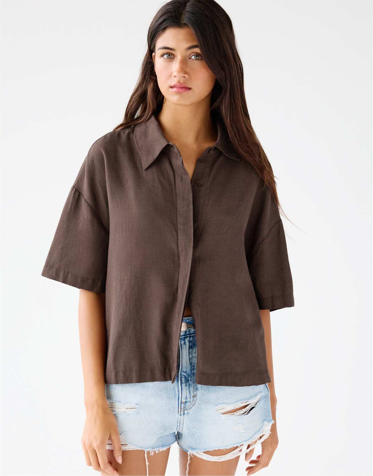 Pull&Bear short sleeve rustic shirt in brown