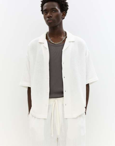 Pull&Bear short sleeve rustic shirt in off white