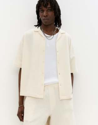 Pull & Bear Short Sleeve Rustic Shirt In White