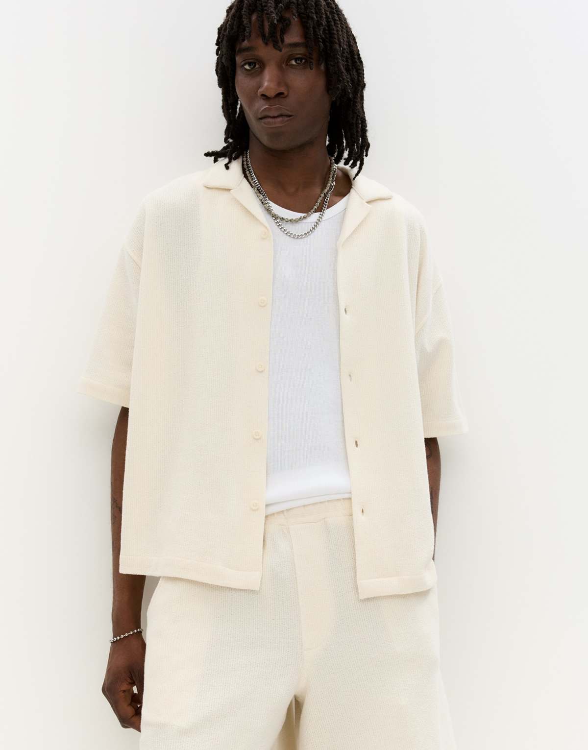 Pull&Bear short sleeve rustic shirt in off white