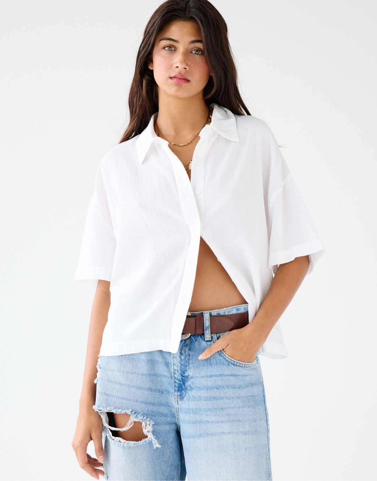 Pull&Bear short sleeve rustic shirt in white
