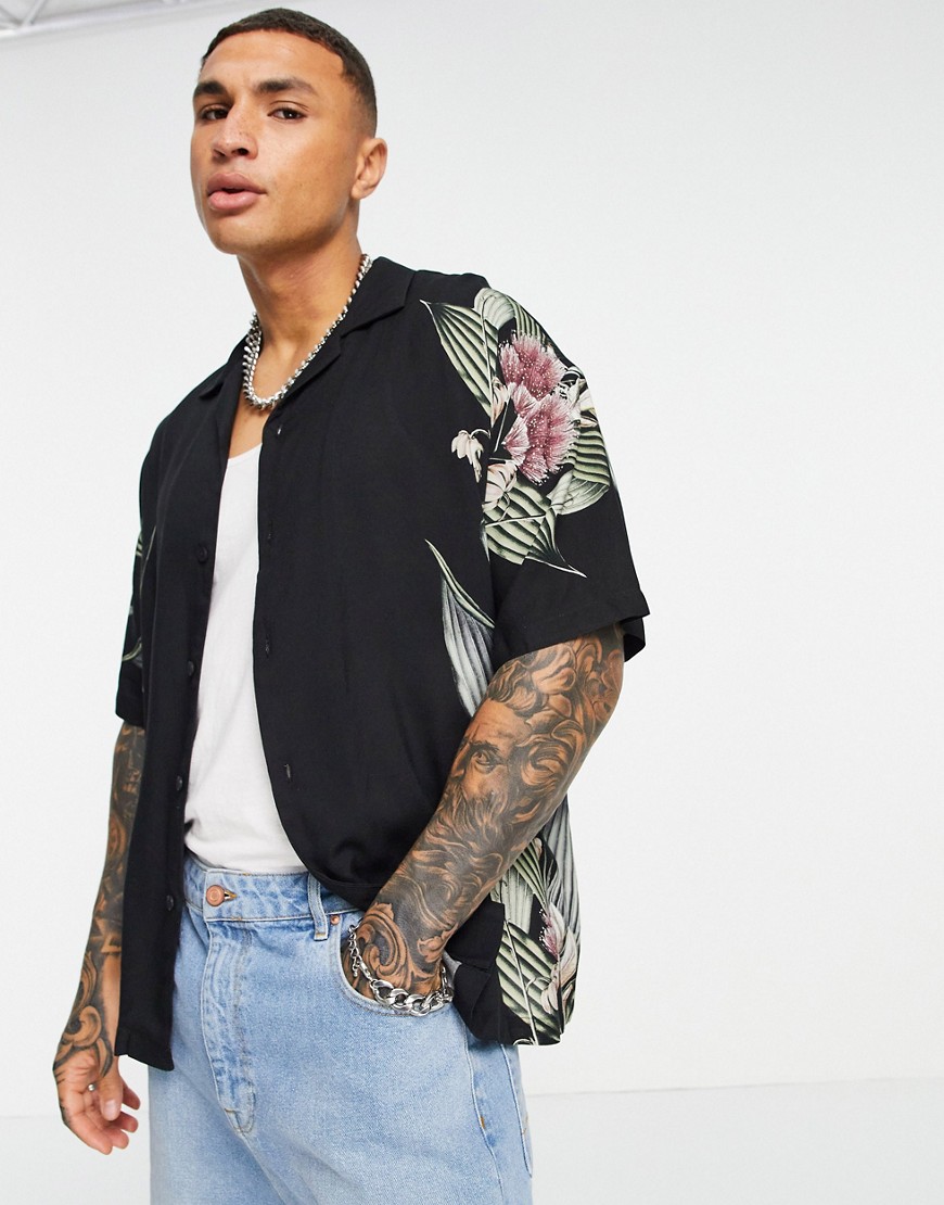 Pull & Bear short sleeve shirt with floral print in black