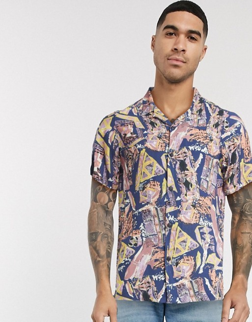 Pull&Bear short sleeve shirt with motif print in blue