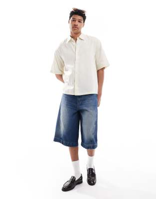Pull & Bear Short Sleeve Soft Pinstripe Shirt In White