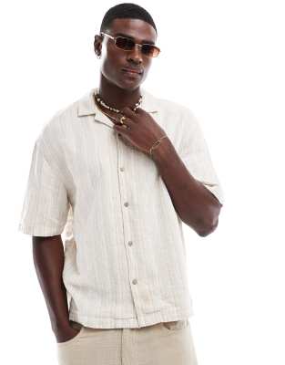 Pull & Bear Short Sleeve Textured Stripe Shirt In Neutral