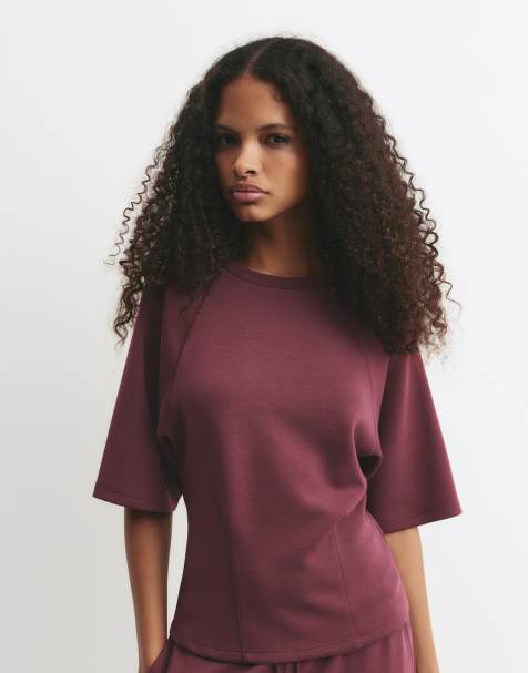 Pull&Bear Short sleeve sweatshirt in aubergine