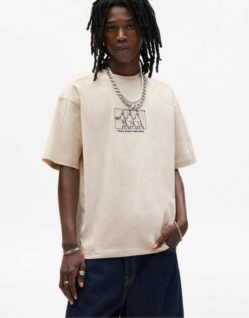 Pull&Bear short sleeve t-shirt with embroidery in sand
