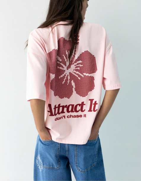 Pull&Bear Short sleeve t-shirt with printed graphic in rose pink