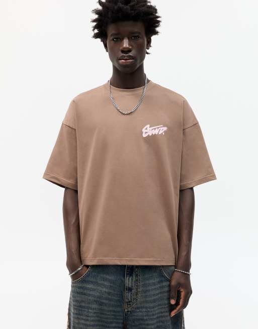 Pull&Bear short sleeve t-shirt with STWD graffiti graphic in brown