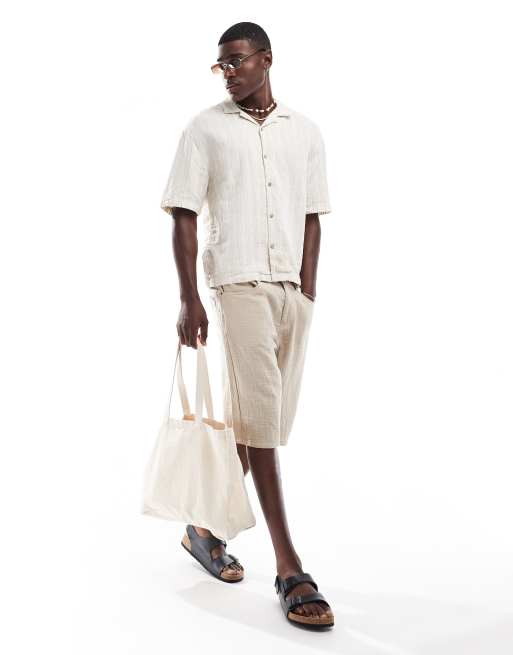 Pull&Bear short sleeve textured stripe shirt in ecru, 2 of 4