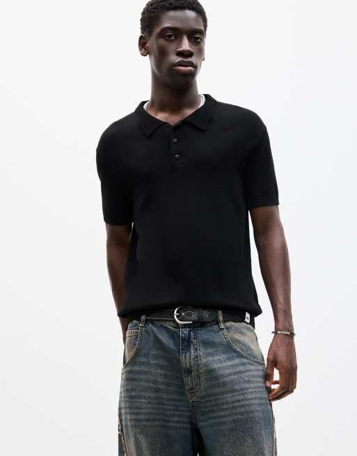 Pull&Bear short sleeve viscose polo in black