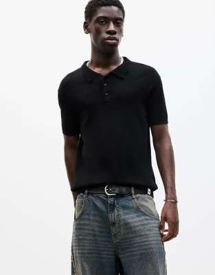 short sleeve viscose polo shirt in black