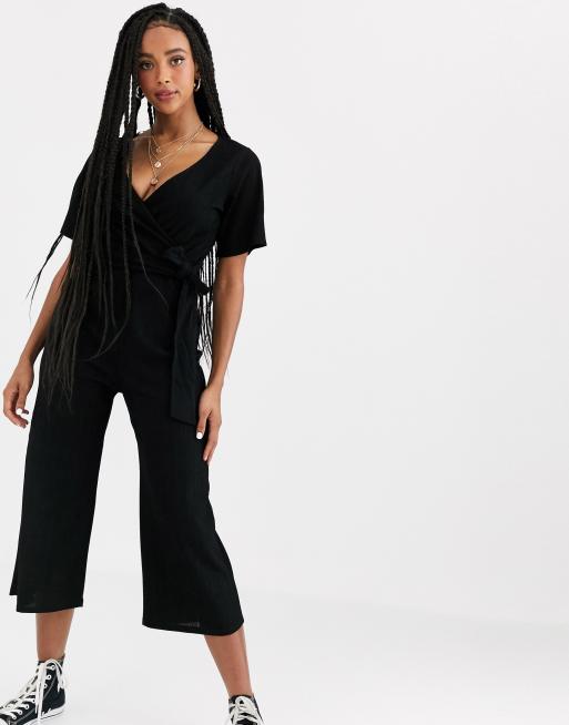 Pull Bear short sleeve wide leg jumpsuit in black