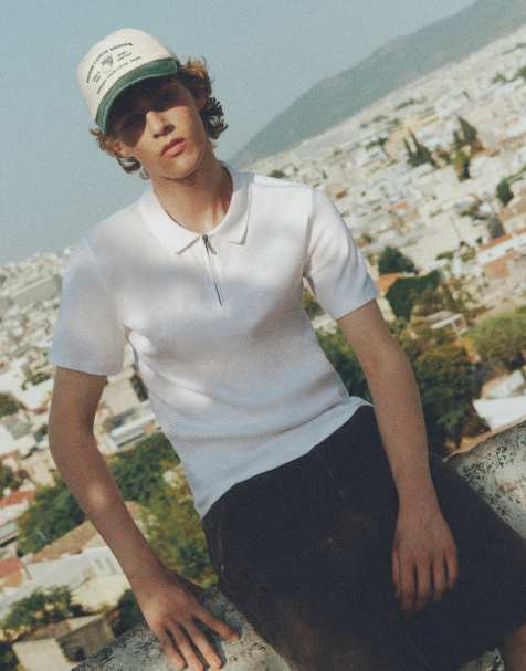 Pull&Bear Short sleeve zip-up polo shirt in off white - view 1