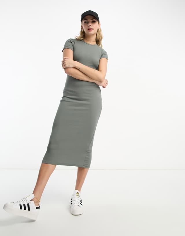 Pull&Bear short sleeved midi dress in khaki