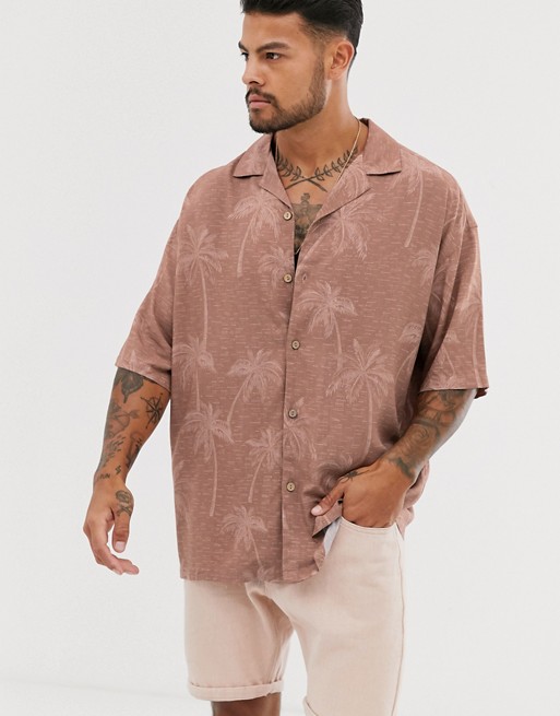 Pull&Bear short sleeved shirt with palm tree print in pink