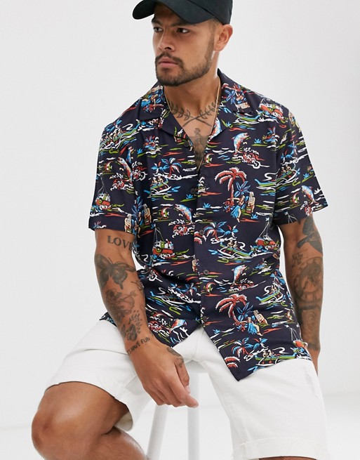 Pull&Bear short sleeved shirt with tropical print in navy