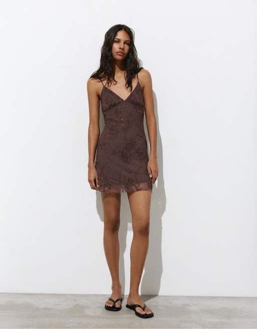 Pull&Bear Short strappy beaded dress in brown, 2 of 4